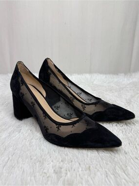 Coach Black Mesh & Suede Pointed Toe Block Heel Pumps